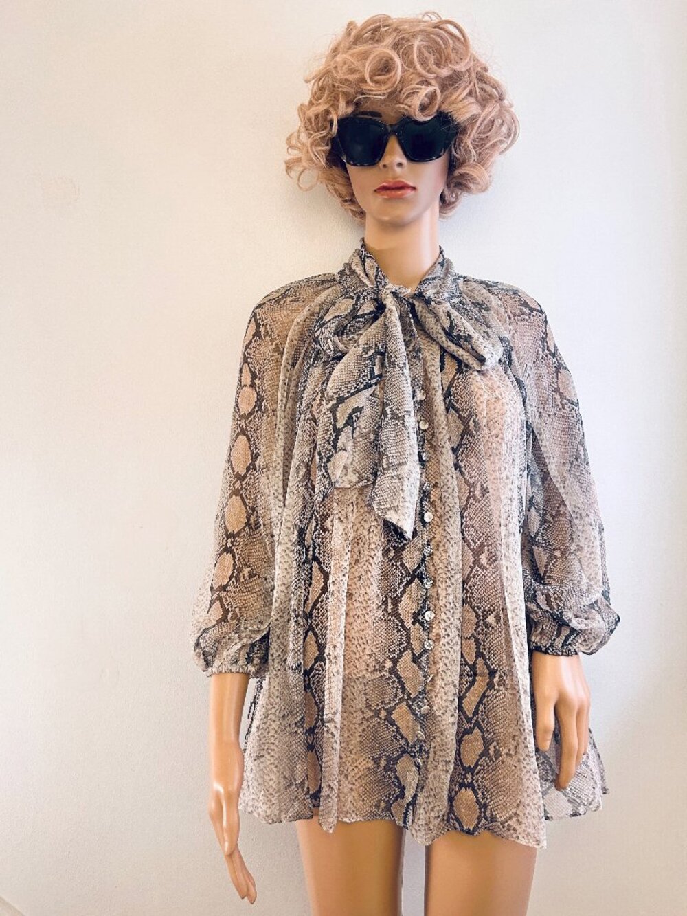 Zimmermann Silk Snake Print Blouse Tie Neck Sheer Sleeve Boho Luxury Top 1/S